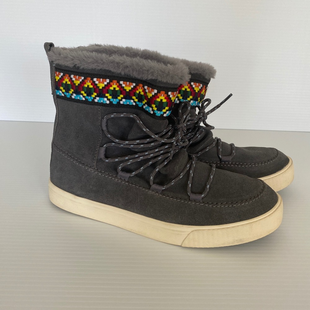 Toms Alpine Aztec Suede Fur Lined Boots Lace‎ Up Gray Women Size 10